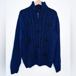 Montechiaro Blue Black Italian Virgin Wool Blend Cable Knit 1/4 Zip Sweater 52
